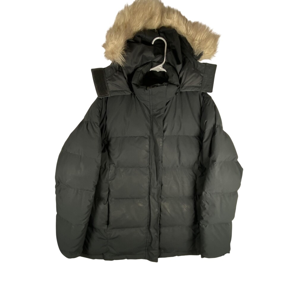 L.L.Bean Coat Womens Large Black Down Puffer Hood Faux Fur Winter Ski QCCJ1